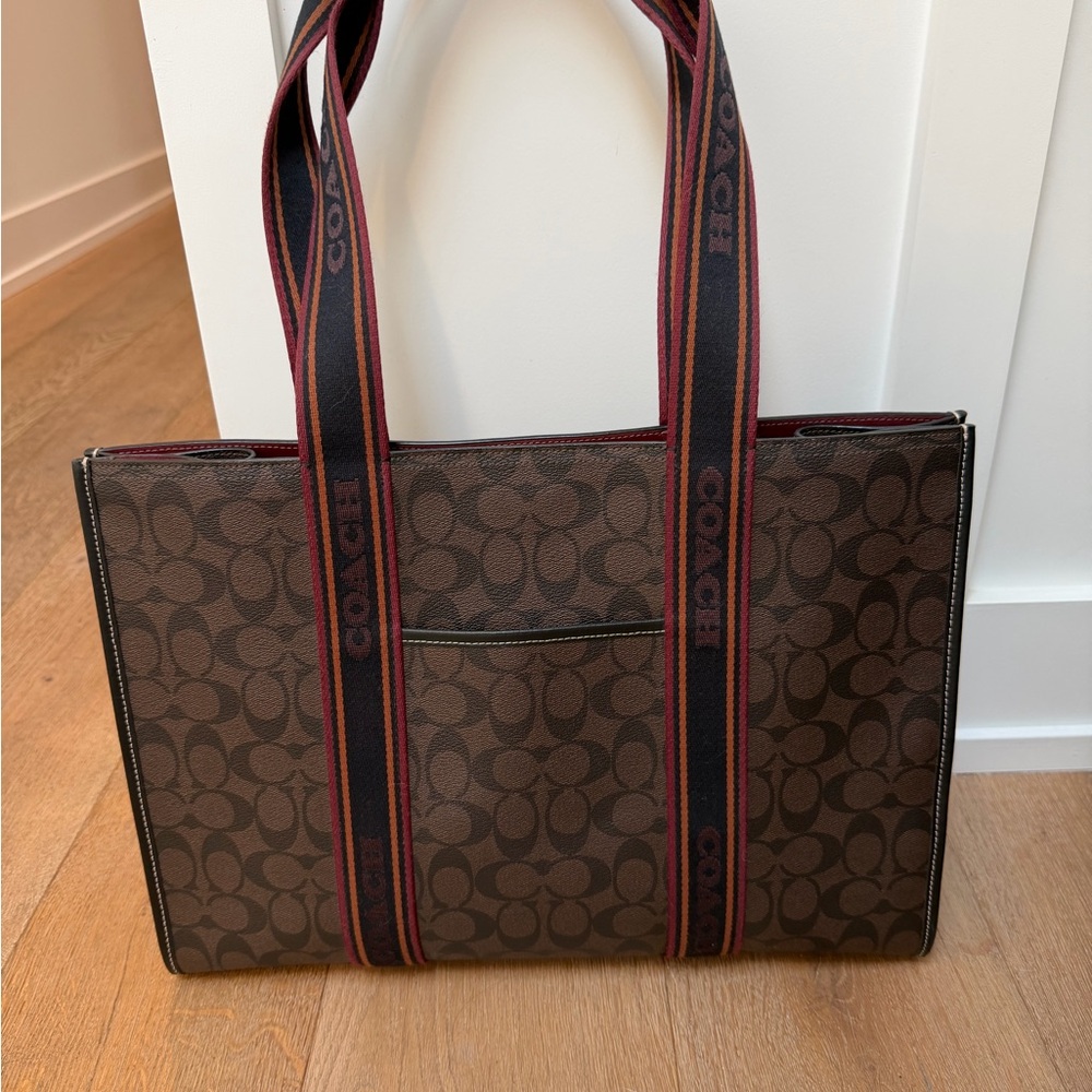 Coach Brown Signature Laptop Bag with Red Accents